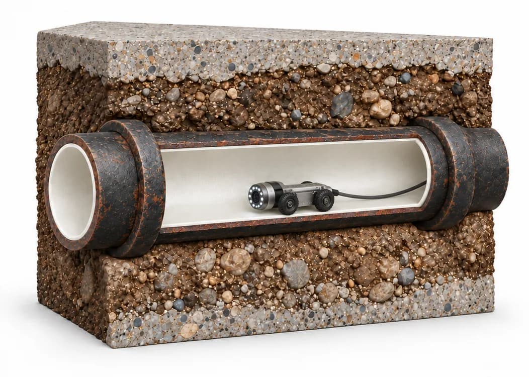 A camera verifying the continuous liner inside a repaired drainage pipe.