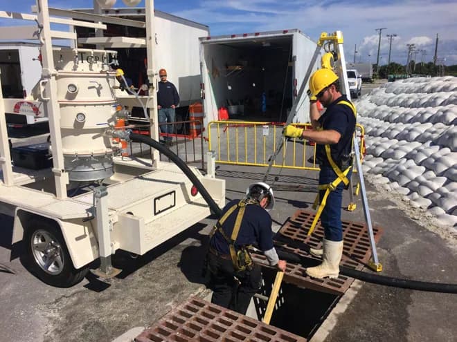 Blue Works crew staging equipment on site at the FPL industrial drain project.