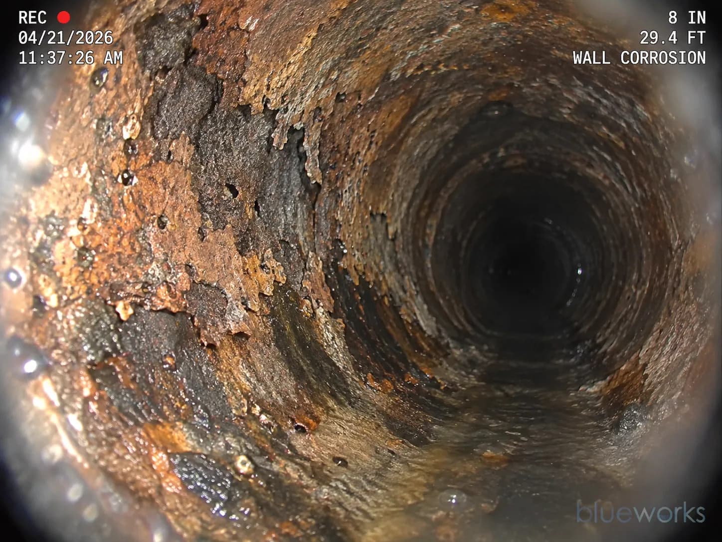 Widespread pitting and wall corrosion inside cast iron