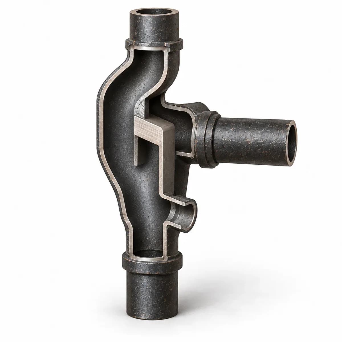 Cutaway of a Sovent aerator fitting showing its offset chamber and branch inlet.